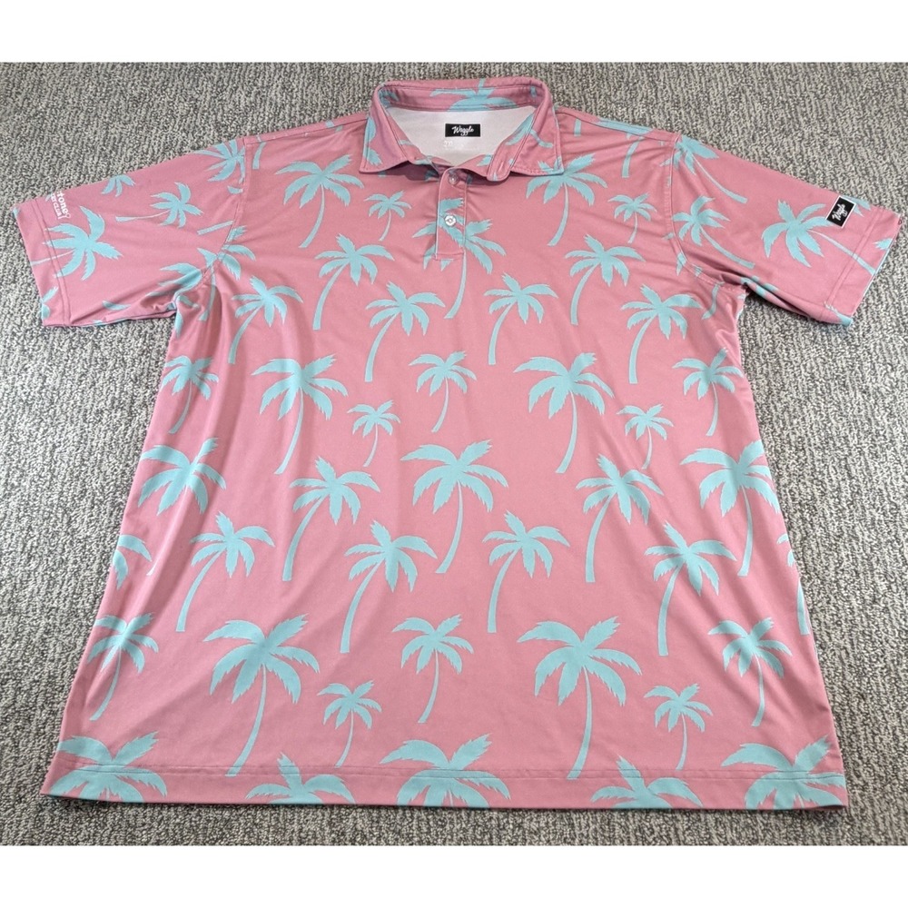 Waggle Golf Polo Shirt Men's 2XL Pink Teal Palm Tree Print‎ Performance Stretch